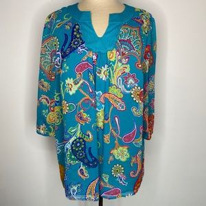 Liz Claiborne Teal Blue Bright Paisley Print Blouse Tunic 3/4 Sleeve Colorful